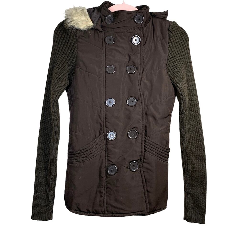 JJ Always Brown Mock Neck Sweater Jacket Fur Hood Medium
